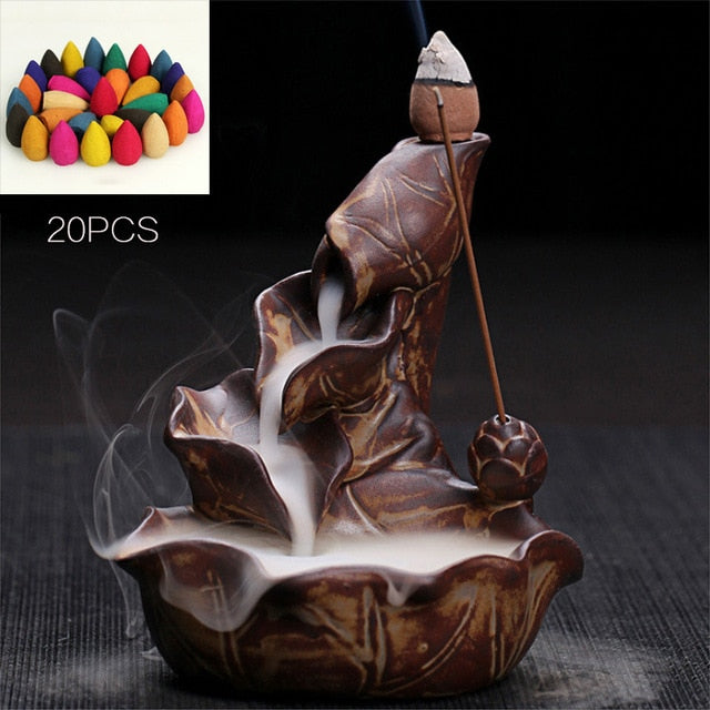 Lotus Fountain Incense Holder Burner Waterfall Backflow Home Décor  for Tea house & 10 Cones Gift - zgood home